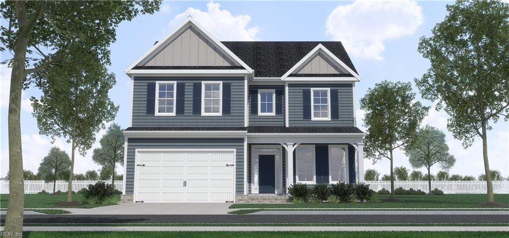 view of front of home featuring board and batten siding, an attached garage, fence, and a front lawn