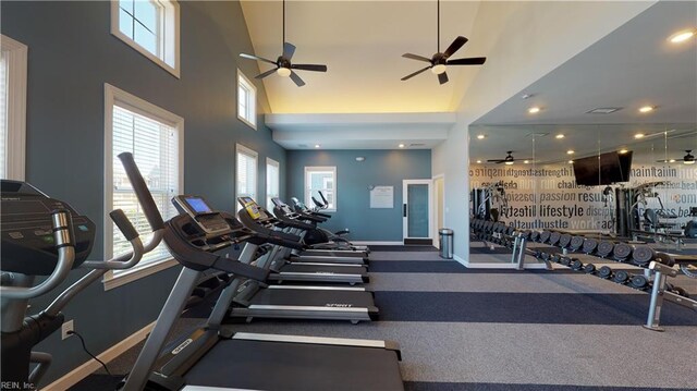 1940 Bexley Ln, Chesapeake, VA 23322 - workout area featuring ceiling fan, healthy amount of natural light, baseboards, a towering ceiling, and recessed lighting