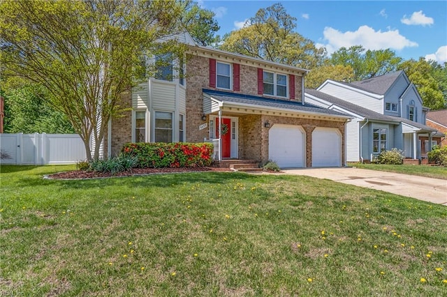 traditional home with concrete driveway, brick siding, fence, and a front lawn