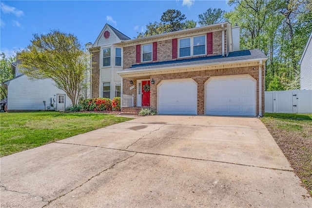 traditional home with fence, a front lawn, a gate, a garage, and concrete driveway