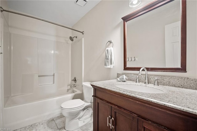 full bath featuring vanity, visible vents, shower / bathing tub combination, and toilet