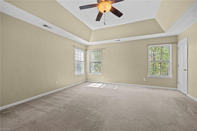 unfurnished room featuring a tray ceiling, carpet flooring, and plenty of natural light