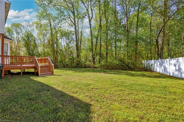 view of yard with fence and a deck