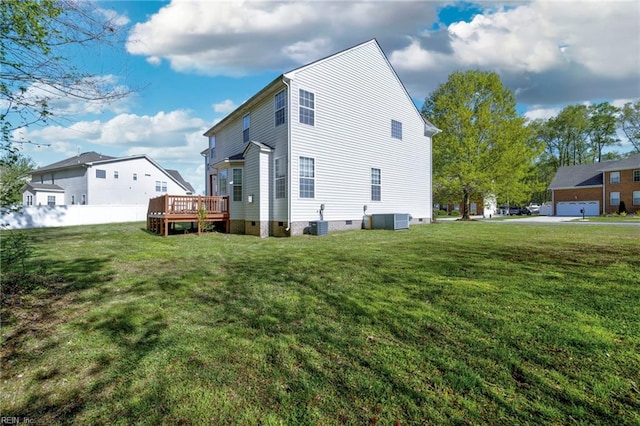 view of side of home featuring crawl space, a yard, central air condition unit, and a wooden deck