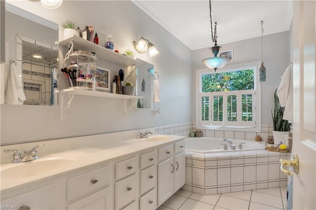 full bathroom featuring a sink, a bath, tile patterned flooring, and crown molding