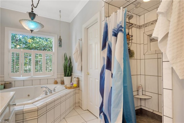 full bath featuring ornamental molding, a whirlpool tub, tiled shower, and tile patterned flooring