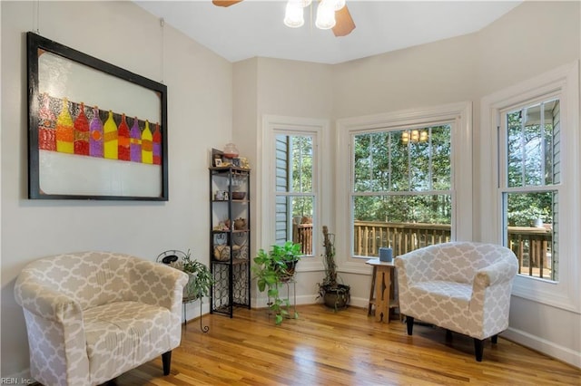 living area featuring wood finished floors, ceiling fan, and baseboards