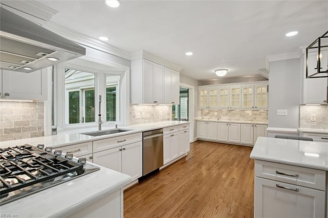 kitchen with white cabinets, decorative backsplash, exhaust hood, and appliances with stainless steel finishes