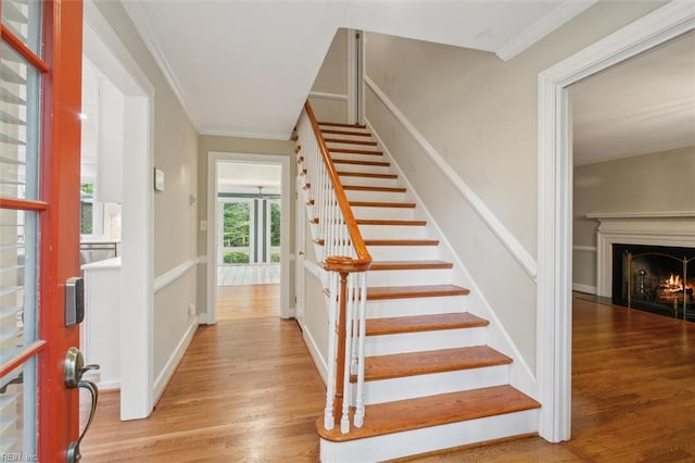 staircase featuring crown molding, wood finished floors, and a lit fireplace
