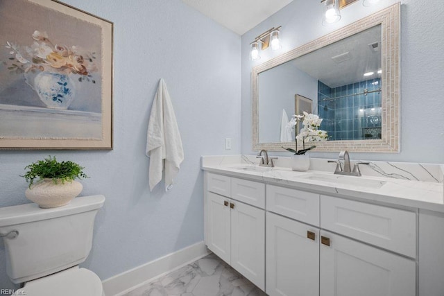 full bathroom featuring marble finish floor, baseboards, a sink, and toilet