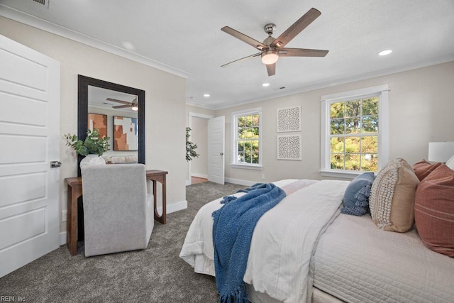 bedroom with baseboards, ornamental molding, ceiling fan, recessed lighting, and carpet flooring