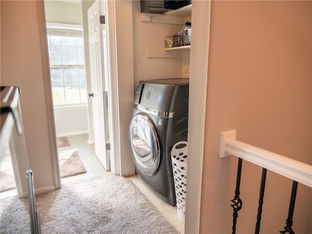 4734 Kempsville Greens Pkwy, Virginia Beach, VA 23462 - washroom featuring laundry area, carpet floors, washer / dryer, tile patterned floors, and baseboards