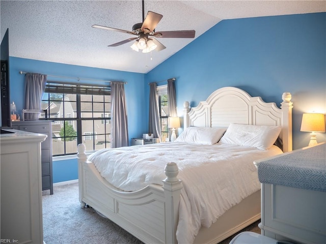 4734 Kempsville Greens Pkwy, Virginia Beach, VA 23462 - bedroom with baseboards, light carpet, a textured ceiling, a ceiling fan, and lofted ceiling