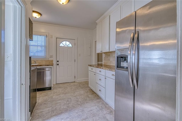 217 Hurley Ave, Newport News, VA 23601 - kitchen with crown molding, stone counters, white cabinets, and stainless steel appliances