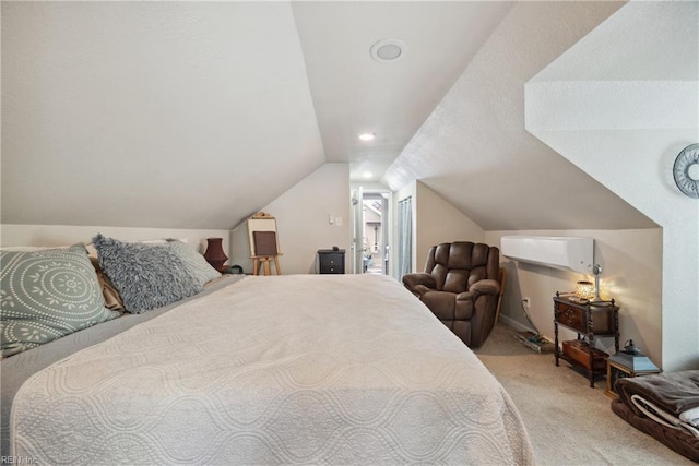 bedroom featuring carpet flooring and vaulted ceiling