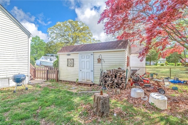 view of shed with a fenced backyard