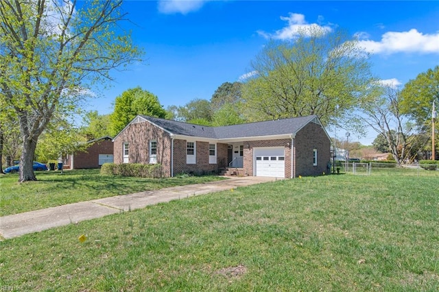 ranch-style house with concrete driveway, a front yard, brick siding, and an attached garage