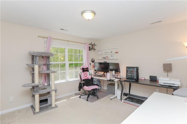 home office featuring visible vents, carpet flooring, and baseboards