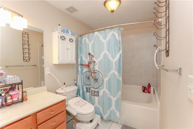 full bathroom featuring tile patterned floors, vanity, visible vents, toilet, and shower / bath combo with shower curtain