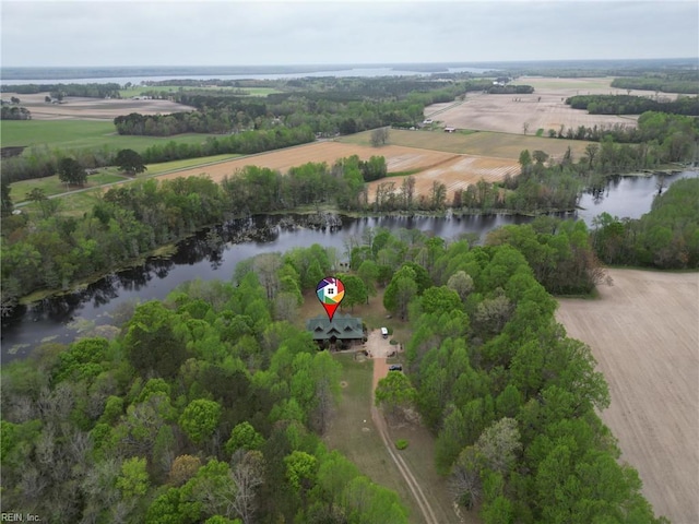 aerial view featuring a rural view and a water view