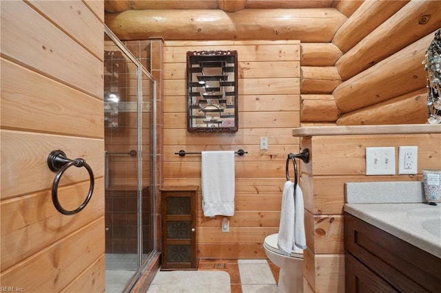 bathroom with a shower stall, vanity, and rustic walls