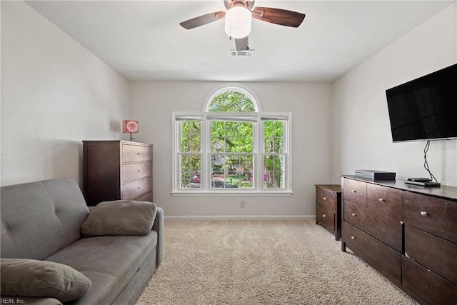 943 Tabb Lakes Dr, Yorktown, VA 23693 - sitting room with light carpet, visible vents, baseboards, and a ceiling fan
