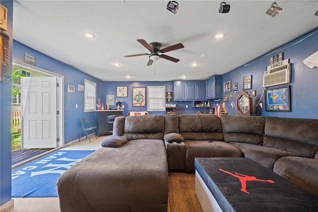 943 Tabb Lakes Dr, Yorktown, VA 23693 - carpeted living room featuring a ceiling fan and recessed lighting