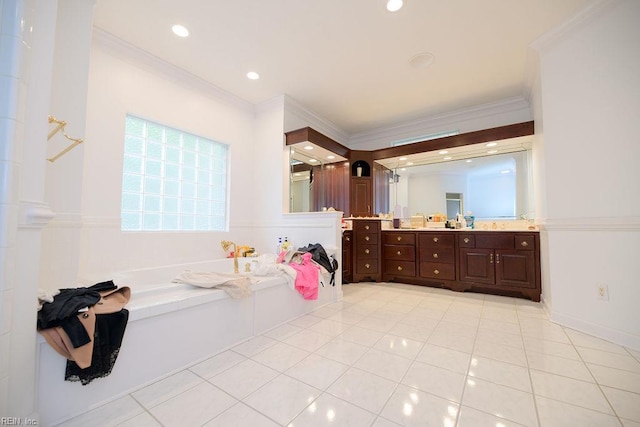 full bath with a bath, vanity, and crown molding