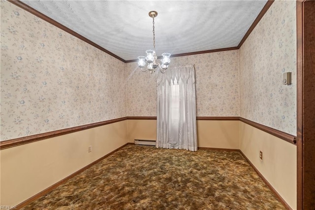 empty room featuring wallpapered walls, a baseboard radiator, an inviting chandelier, and crown molding