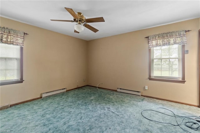 unfurnished room with carpet, baseboard heating, baseboards, and ceiling fan