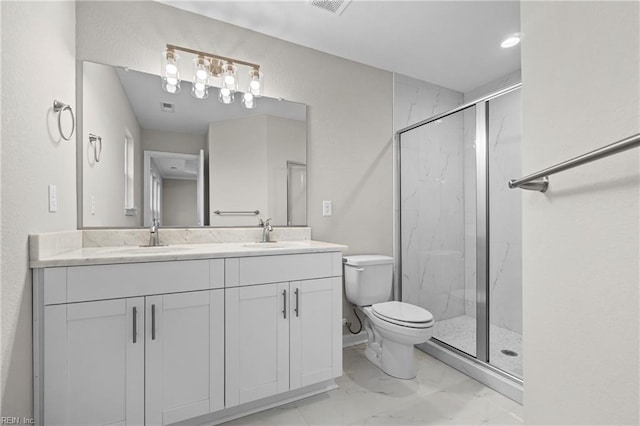 full bathroom with toilet, marble finish floor, a sink, and a marble finish shower