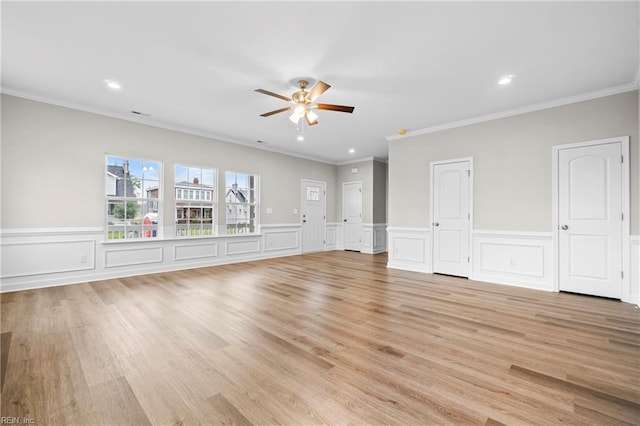 unfurnished living room with light wood-type flooring, ceiling fan, ornamental molding, and recessed lighting
