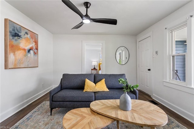 139 Ash Ave, Newport News, VA 23607 - living room featuring wood finished floors, baseboards, a ceiling fan, and visible vents