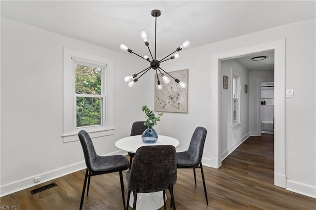 139 Ash Ave, Newport News, VA 23607 - dining space featuring visible vents, baseboards, a chandelier, and dark wood finished floors