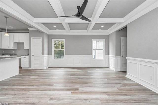 731 33rd St, Newport News, VA 23607 - unfurnished living room featuring light wood-type flooring, a healthy amount of sunlight, ceiling fan, and beam ceiling