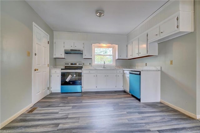 kitchen with white cabinetry, light countertops, stainless steel range with electric stovetop, under cabinet range hood, and dishwashing machine