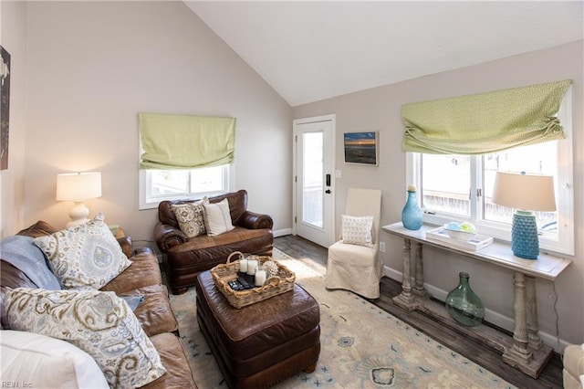 living area featuring baseboards, high vaulted ceiling, and wood finished floors