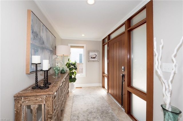 interior space featuring recessed lighting, light tile patterned floors, visible vents, and crown molding