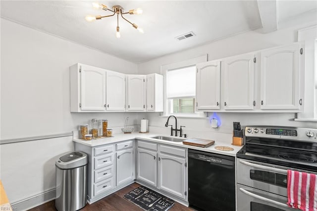 kitchen featuring visible vents, double oven range, black dishwasher, a sink, and dark wood-style floors