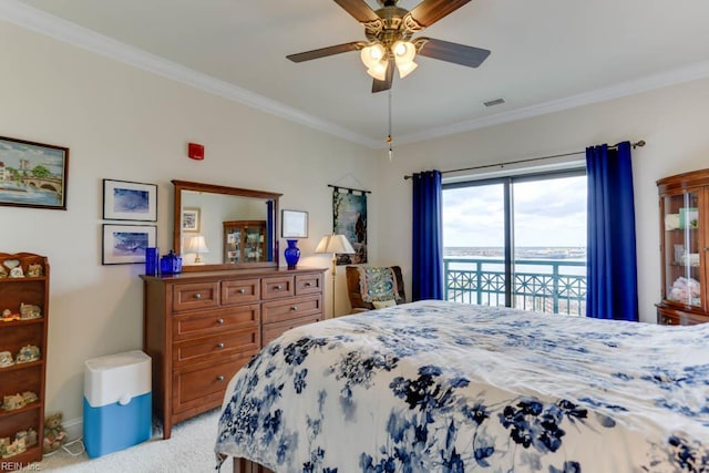 bedroom with crown molding, light colored carpet, baseboards, access to exterior, and visible vents