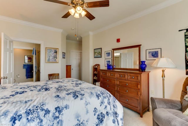 bedroom with light colored carpet, ceiling fan, and ornamental molding