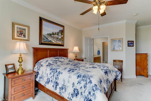 bedroom with light carpet, baseboards, ornamental molding, and a ceiling fan