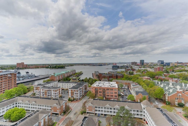 bird's eye view with a city view and a water view