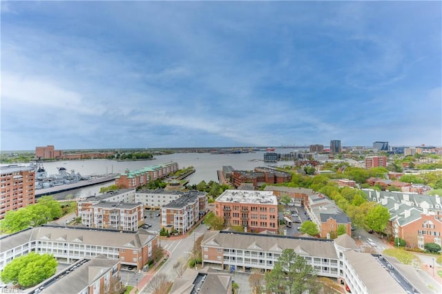 aerial view with a water view and a view of city