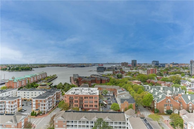 bird's eye view featuring a city view and a water view