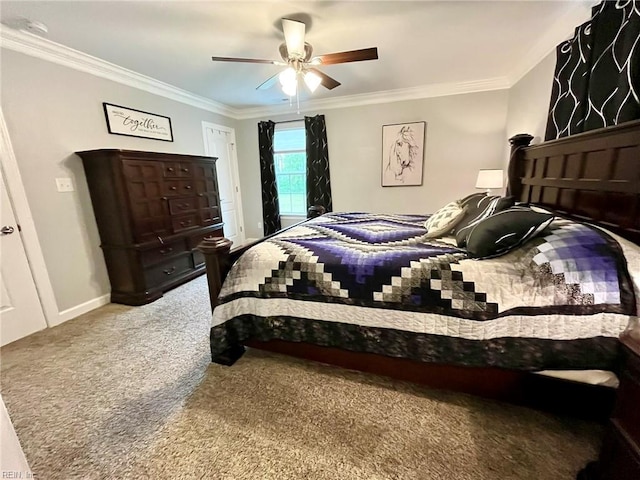 bedroom featuring carpet flooring, ceiling fan, ornamental molding, and baseboards