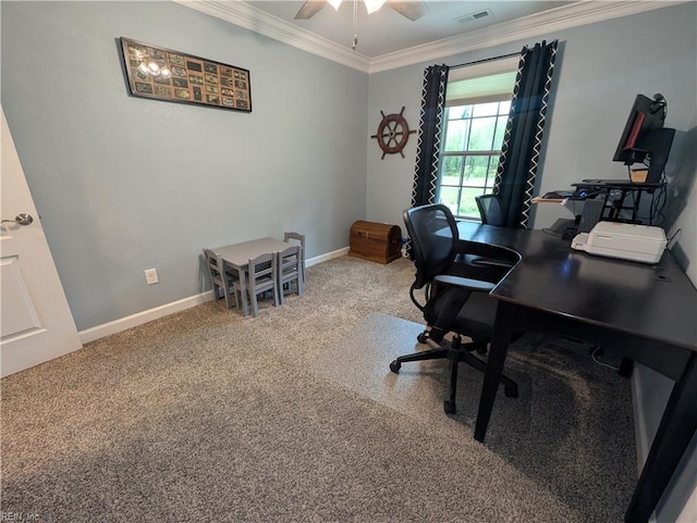 home office with baseboards, ornamental molding, light carpet, visible vents, and ceiling fan