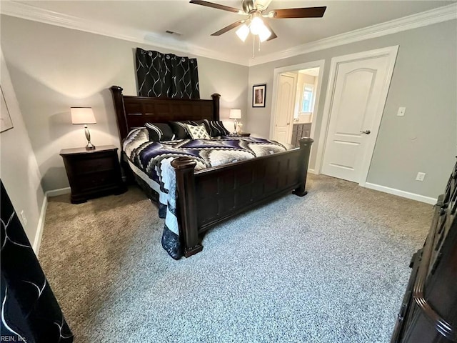carpeted bedroom with visible vents, baseboards, a ceiling fan, crown molding, and connected bathroom
