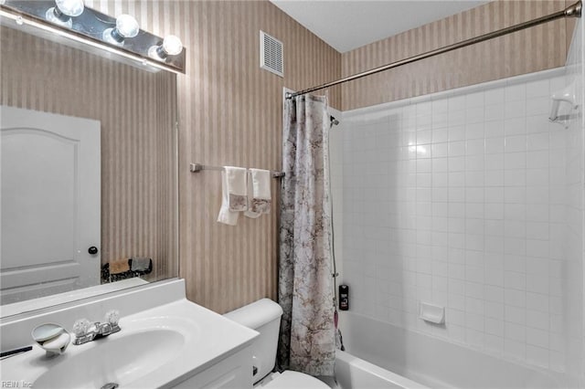 full bathroom featuring toilet, wallpapered walls, shower / tub combo with curtain, and visible vents