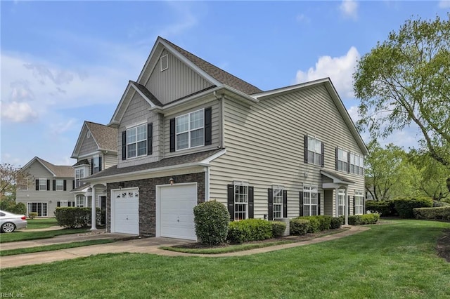 view of home's exterior with a garage, driveway, and a lawn